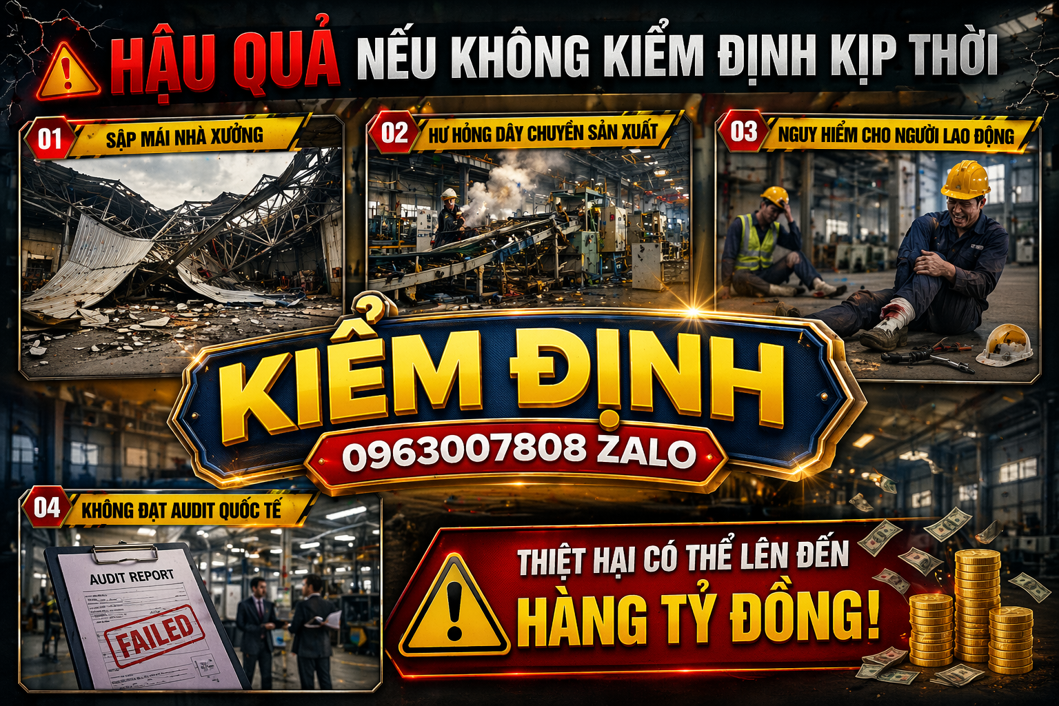 Hậu quả nếu không kiểm định nhà xưởng kịp thời gồm sập mái, hư hỏng dây chuyền sản xuất, nguy hiểm cho người lao động và không đạt audit quốc tế