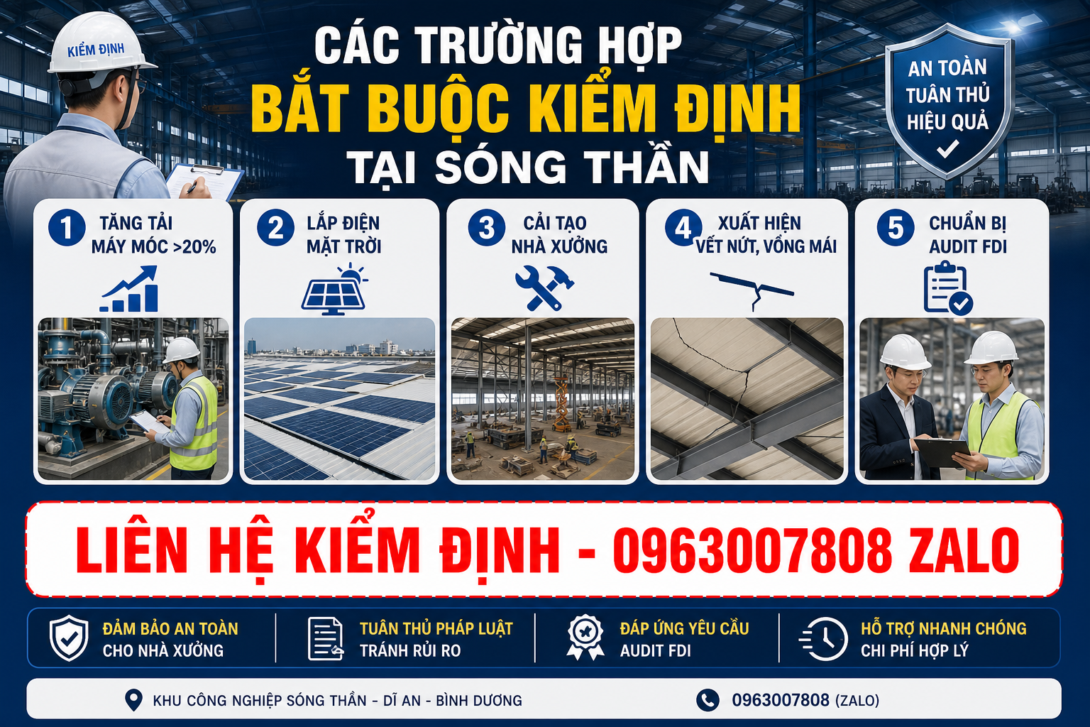 Các trường hợp bắt buộc kiểm định nhà xưởng tại Sóng Thần như tăng tải máy móc, lắp điện mặt trời, cải tạo và audit FDI