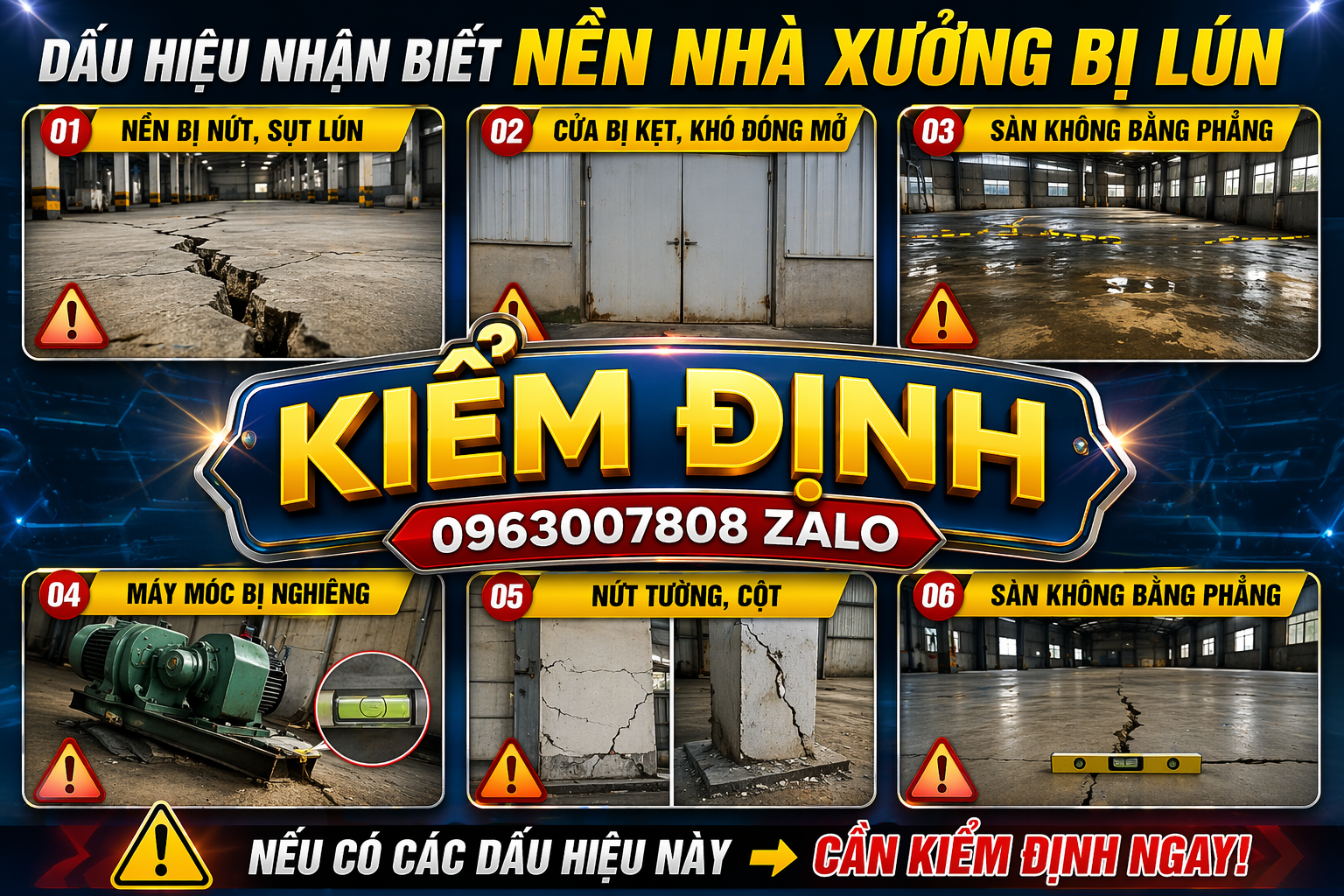 Dấu hiệu nhận biết nền nhà xưởng bị lún gồm nền nứt sụt lún, cửa bị kẹt, sàn không bằng phẳng, máy móc bị nghiêng và nứt tường cột
