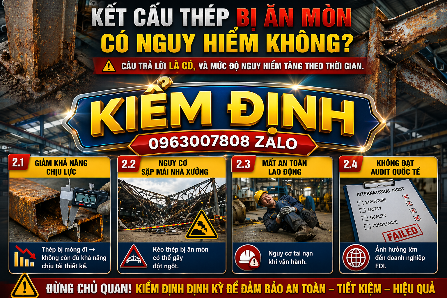 Kết cấu thép bị ăn mòn do độ ẩm cao hóa chất không khí biển làm giảm khả năng chịu lực nhà xưởng cần kiểm định 0963007808 Zalo