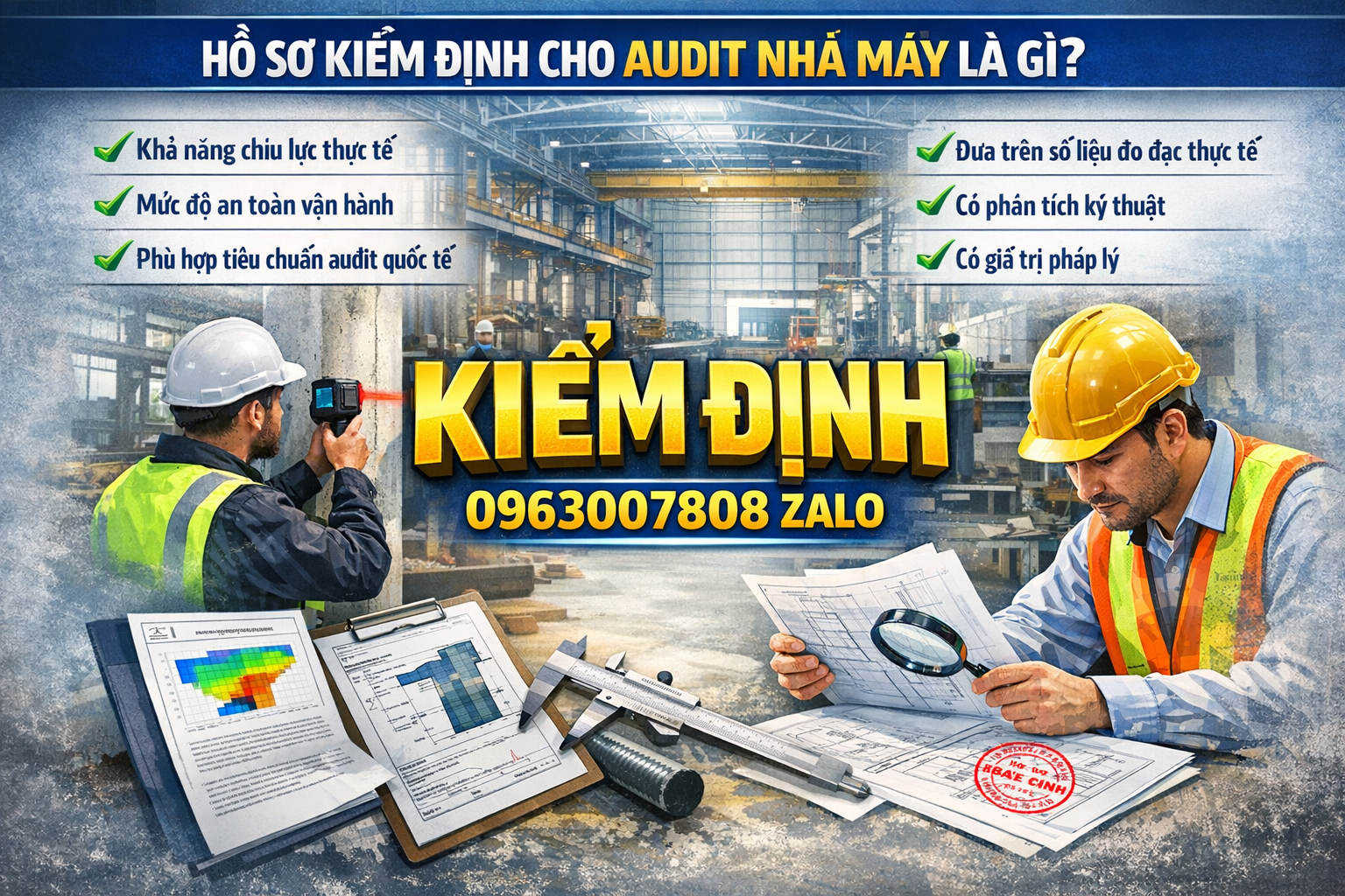 Hồ sơ kiểm định cho audit nhà máy gồm đánh giá khả năng chịu lực, an toàn vận hành và tiêu chuẩn audit quốc tế
