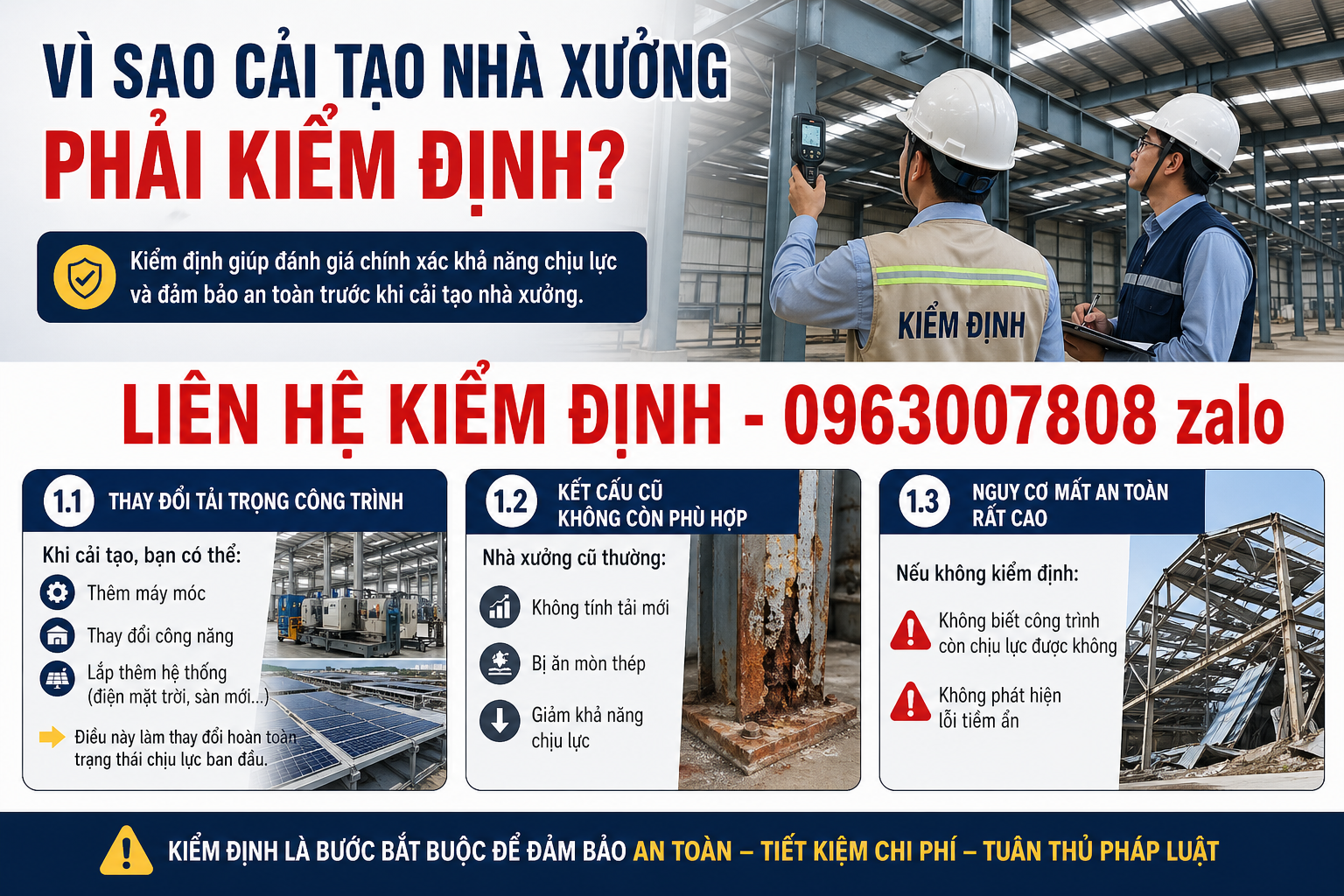 Vì sao cải tạo nhà xưởng phải kiểm định do thay đổi tải trọng, kết cấu cũ suy yếu và nguy cơ mất an toàn công trình