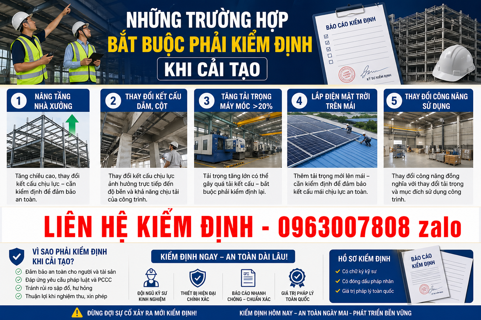 các trường hợp bắt buộc kiểm định khi cải tạo nhà xưởng như nâng tầng thay đổi kết cấu tăng tải trọng và lắp điện mặt trời