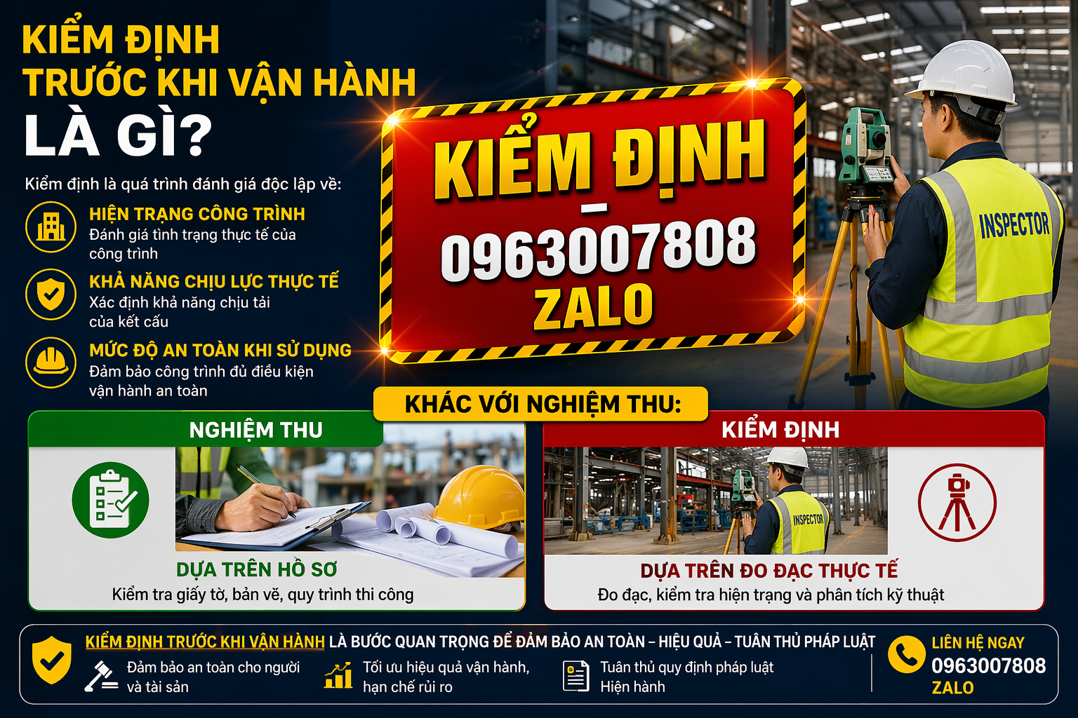 Kiểm định trước khi vận hành là gì đánh giá hiện trạng công trình khả năng chịu lực và an toàn sử dụng bằng đo đạc thực tế 0963007808 Zalo