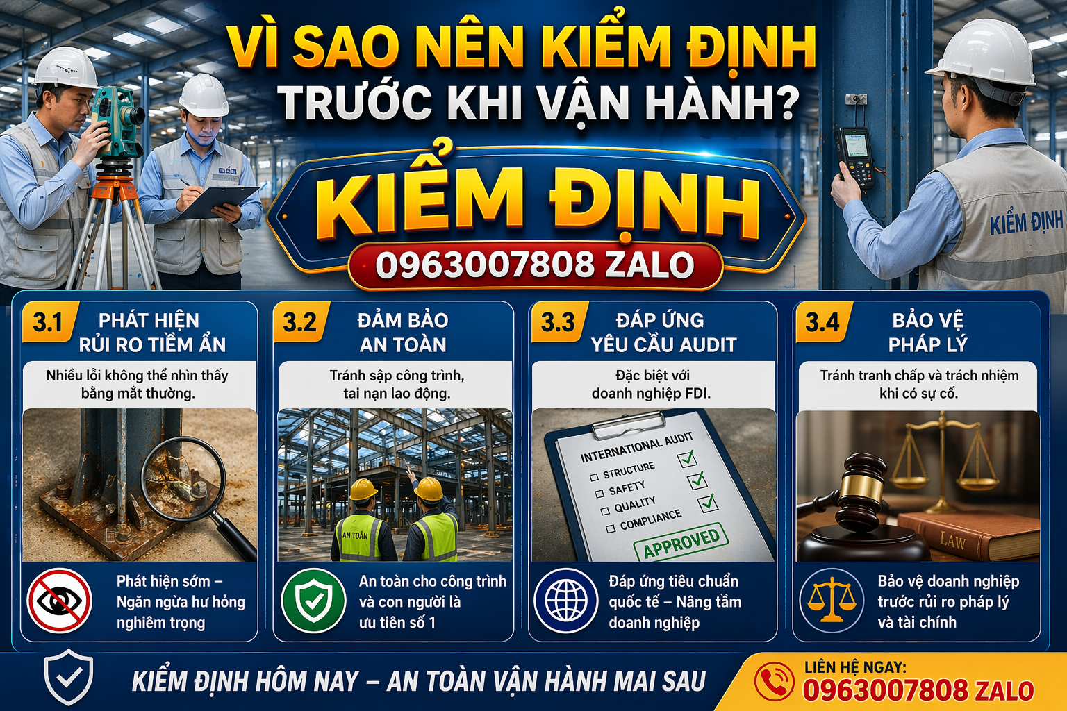 Vì sao nên kiểm định nhà xưởng trước khi vận hành để phát hiện rủi ro tiềm ẩn, đảm bảo an toàn, đáp ứng audit quốc tế và bảo vệ pháp lý doanh nghiệp