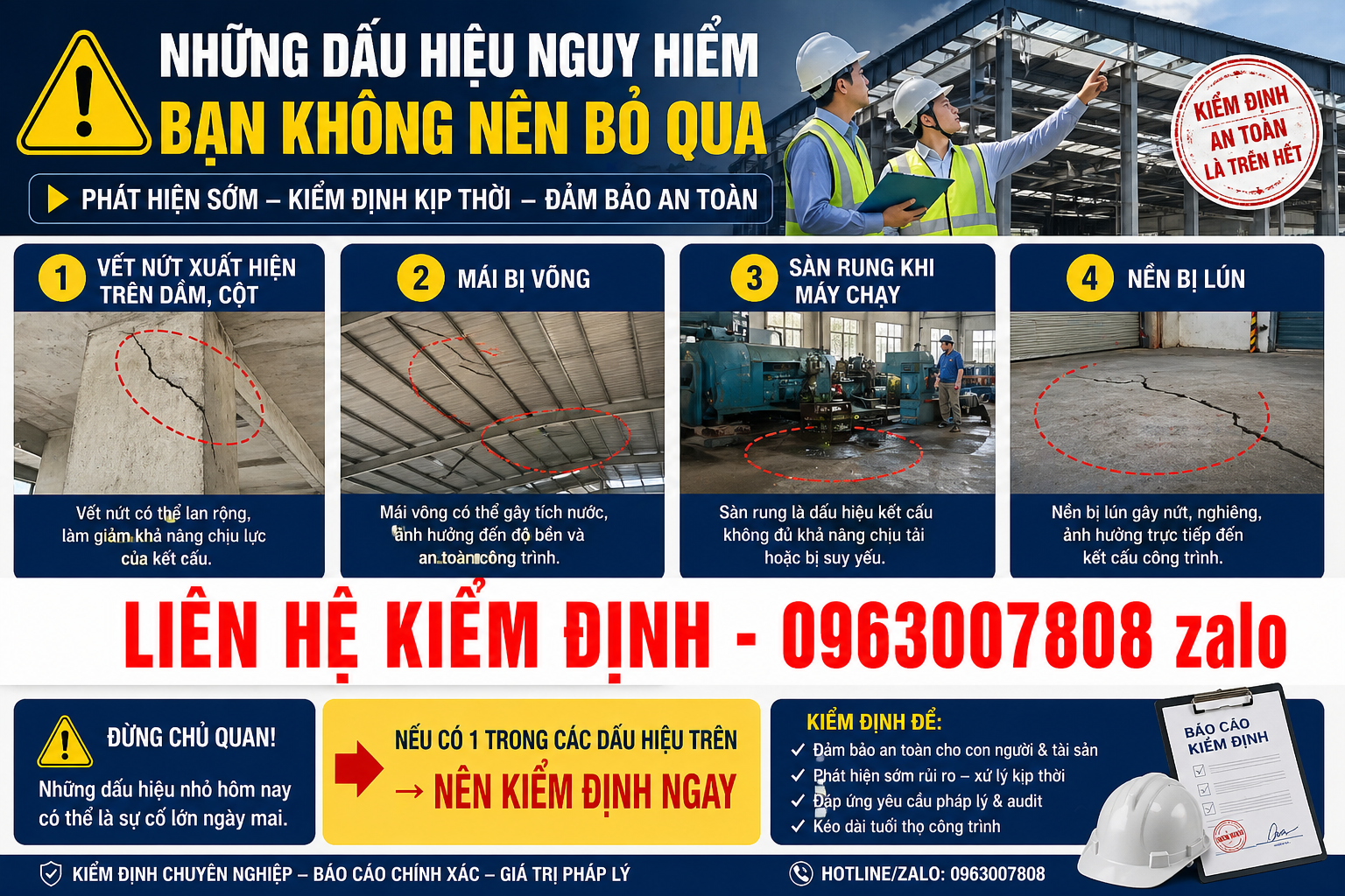 dấu hiệu nguy hiểm nhà xưởng như nứt dầm cột mái võng sàn rung nền lún cần kiểm định ngay