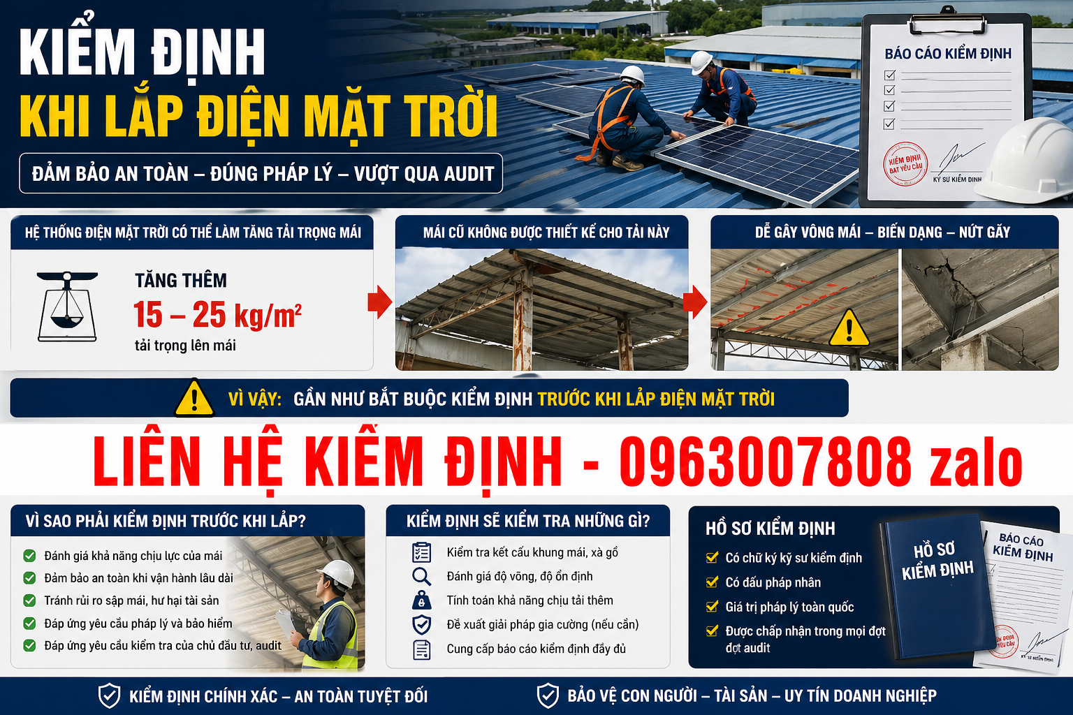 kiểm định khi lắp điện mặt trời nhà xưởng tăng tải trọng mái 15-25kg m2 cần kiểm định trước khi lắp