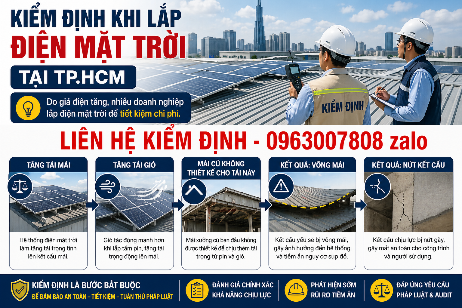 Kiểm định nhà xưởng khi lắp điện mặt trời tại TP HCM do tăng tải mái và tải gió gây võng mái nứt kết cấu