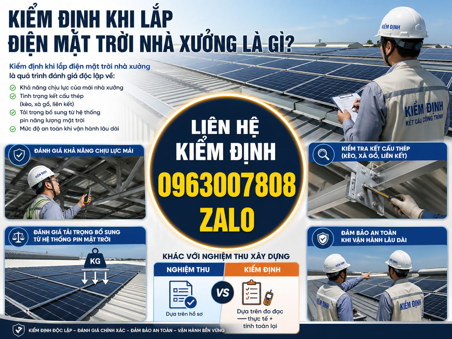 Kiểm định khi lắp điện mặt trời nhà xưởng đánh giá khả năng chịu lực mái và kết cấu thép đảm bảo an toàn vận hành