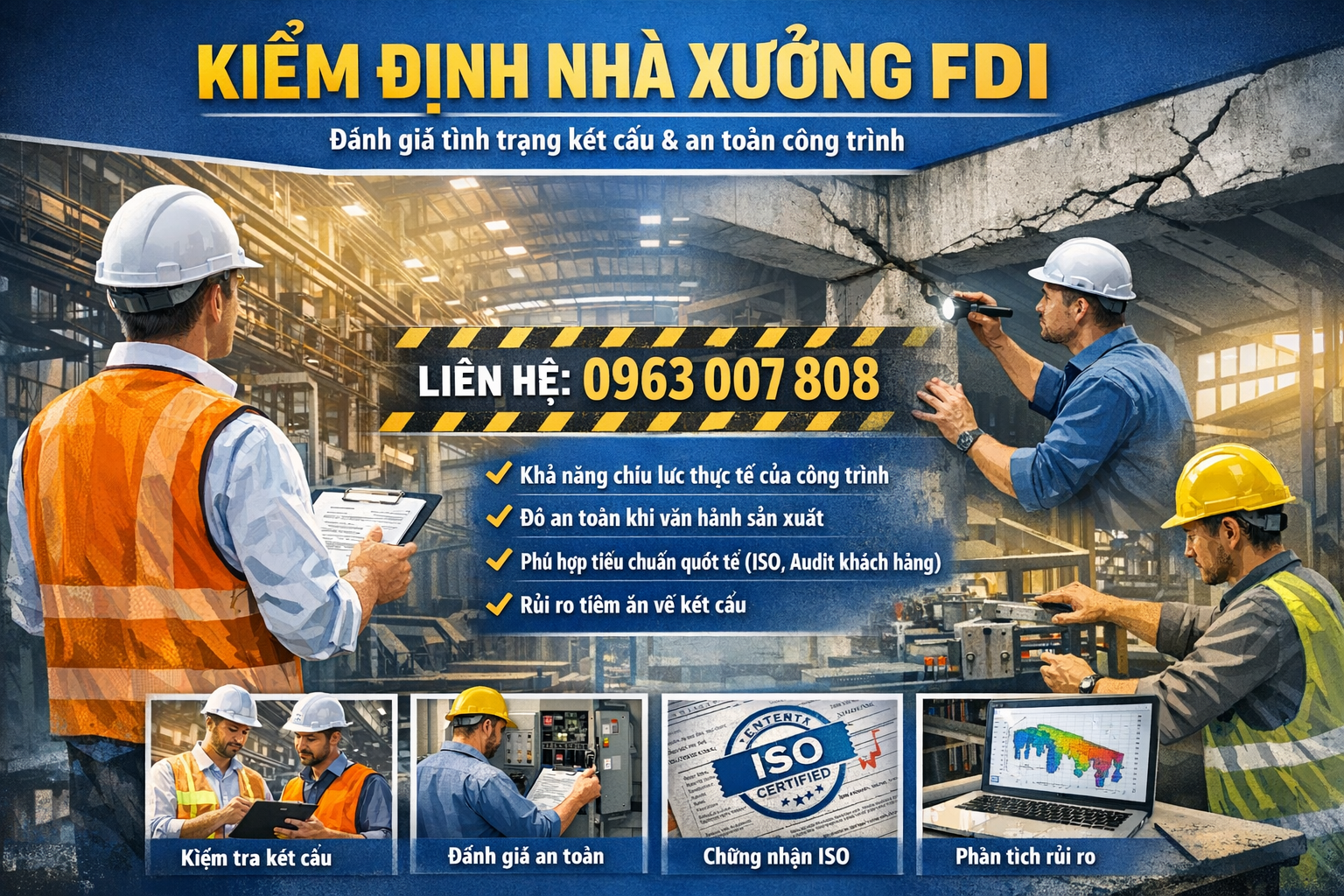 Kiểm định nhà xưởng FDI đánh giá khả năng chịu lực, an toàn vận hành và phù hợp tiêu chuẩn ISO audit quốc tế
