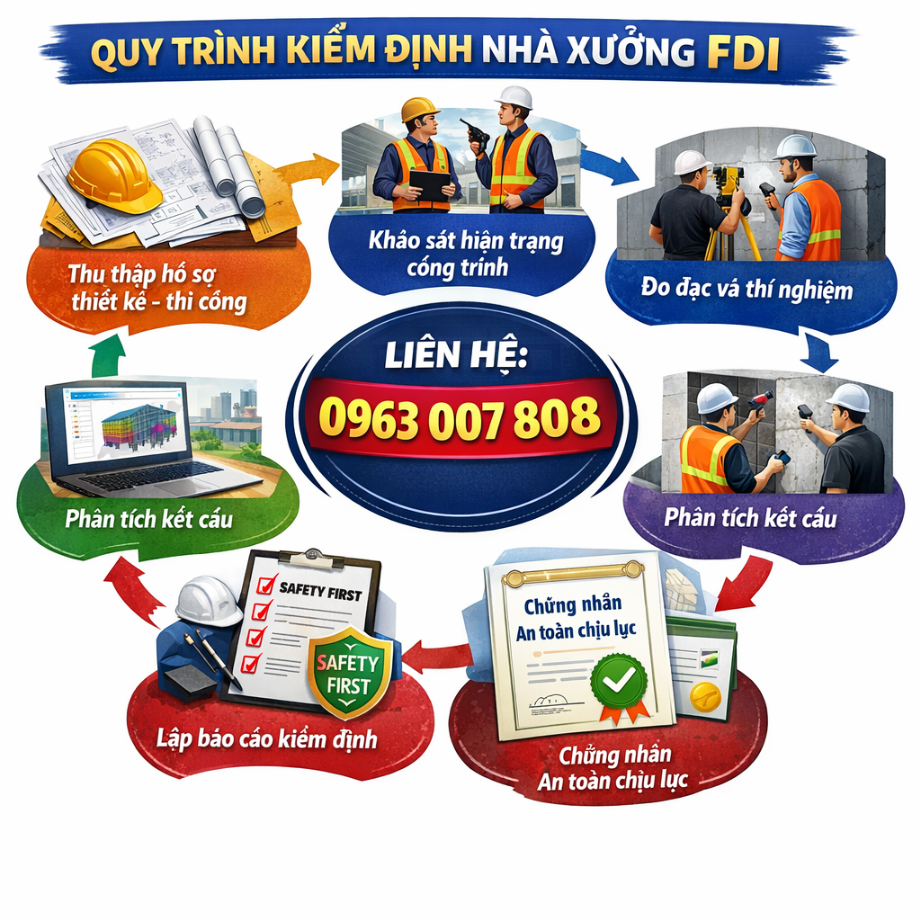 Quy trình kiểm định nhà xưởng FDI gồm thu thập hồ sơ, khảo sát hiện trạng, đo đạc thí nghiệm, phân tích kết cấu, đánh giá an toàn và chứng nhận an toàn chịu lực