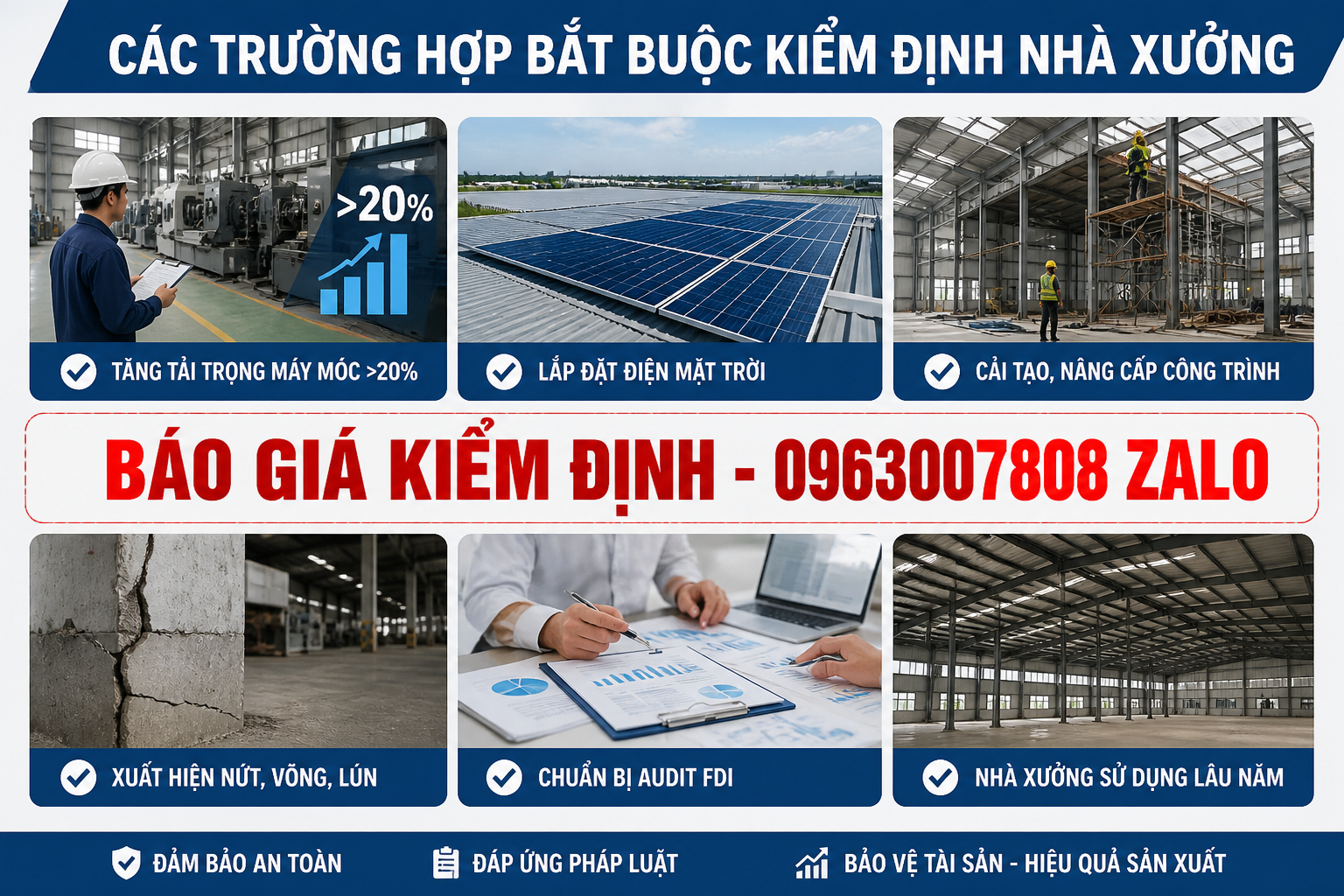 các trường hợp bắt buộc kiểm định nhà xưởng tăng tải trọng máy móc lắp điện mặt trời cải tạo công trình nứt lún audit FDI báo giá kiểm định 0963007808