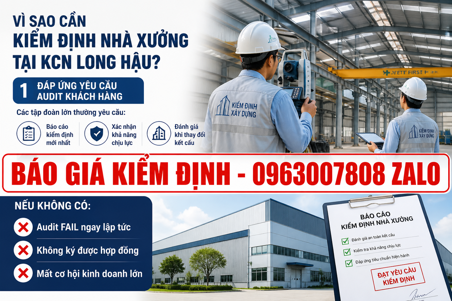 Vì sao cần kiểm định nhà xưởng tại KCN Long Hậu để đáp ứng audit khách hàng, báo cáo kiểm định, xác nhận khả năng chịu lực và đánh giá kết cấu