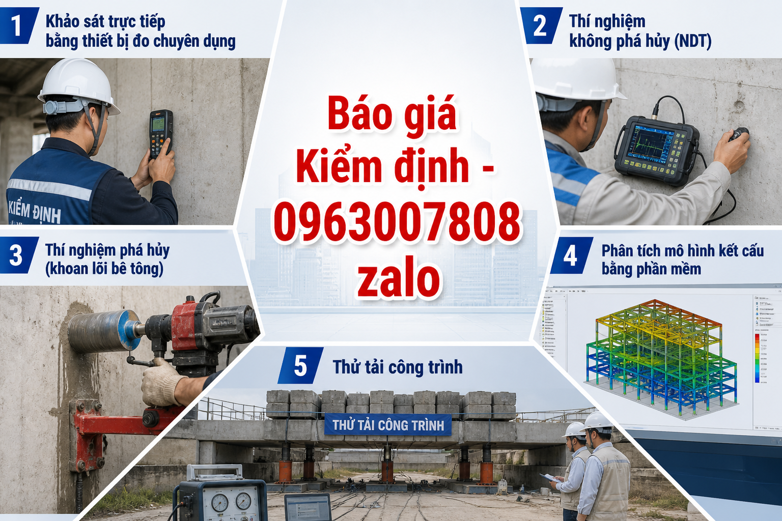 Các phương pháp kiểm định nhà xưởng gồm khảo sát trực tiếp, thí nghiệm không phá hủy NDT, khoan lõi bê tông, phân tích kết cấu và thử tải công trình