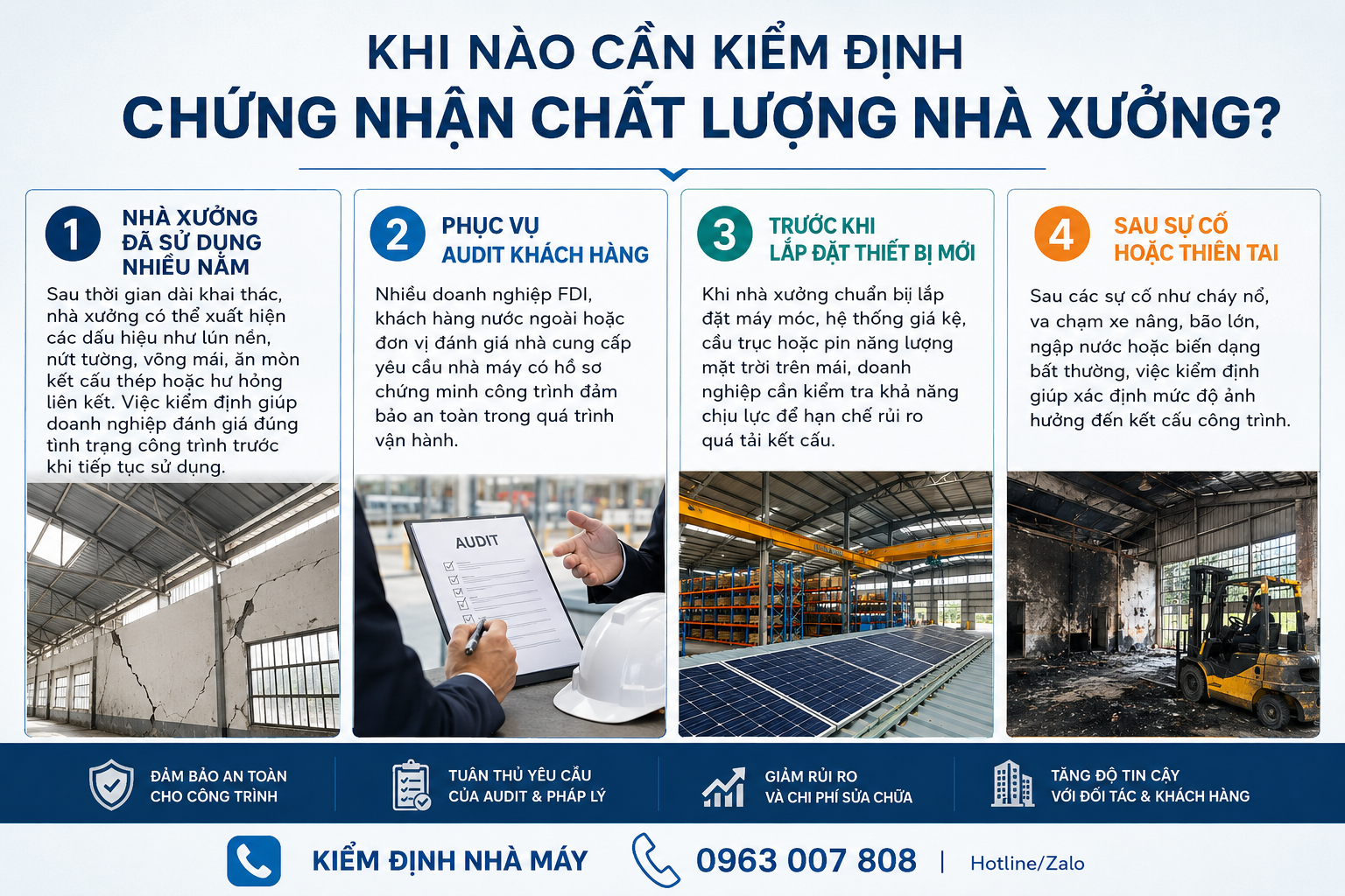 Khi nào cần kiểm định chứng nhận chất lượng nhà xưởng phục vụ audit đánh giá an toàn kết cấu công trình công nghiệp