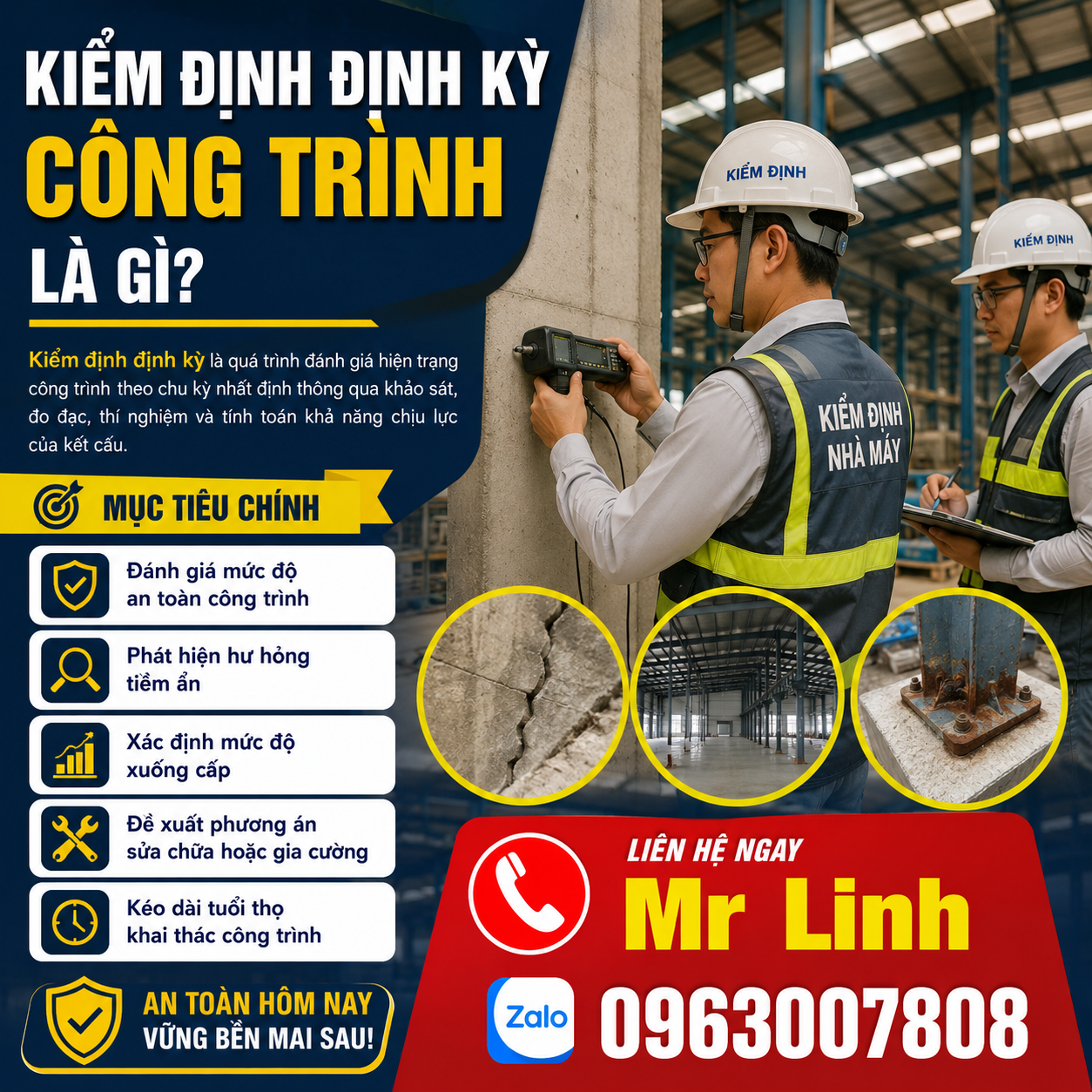 Kỹ sư kiểm định đang khảo sát cột bê tông nhà xưởng để đánh giá an toàn kết cấu trong quá trình kiểm định định kỳ công trình xây dựng