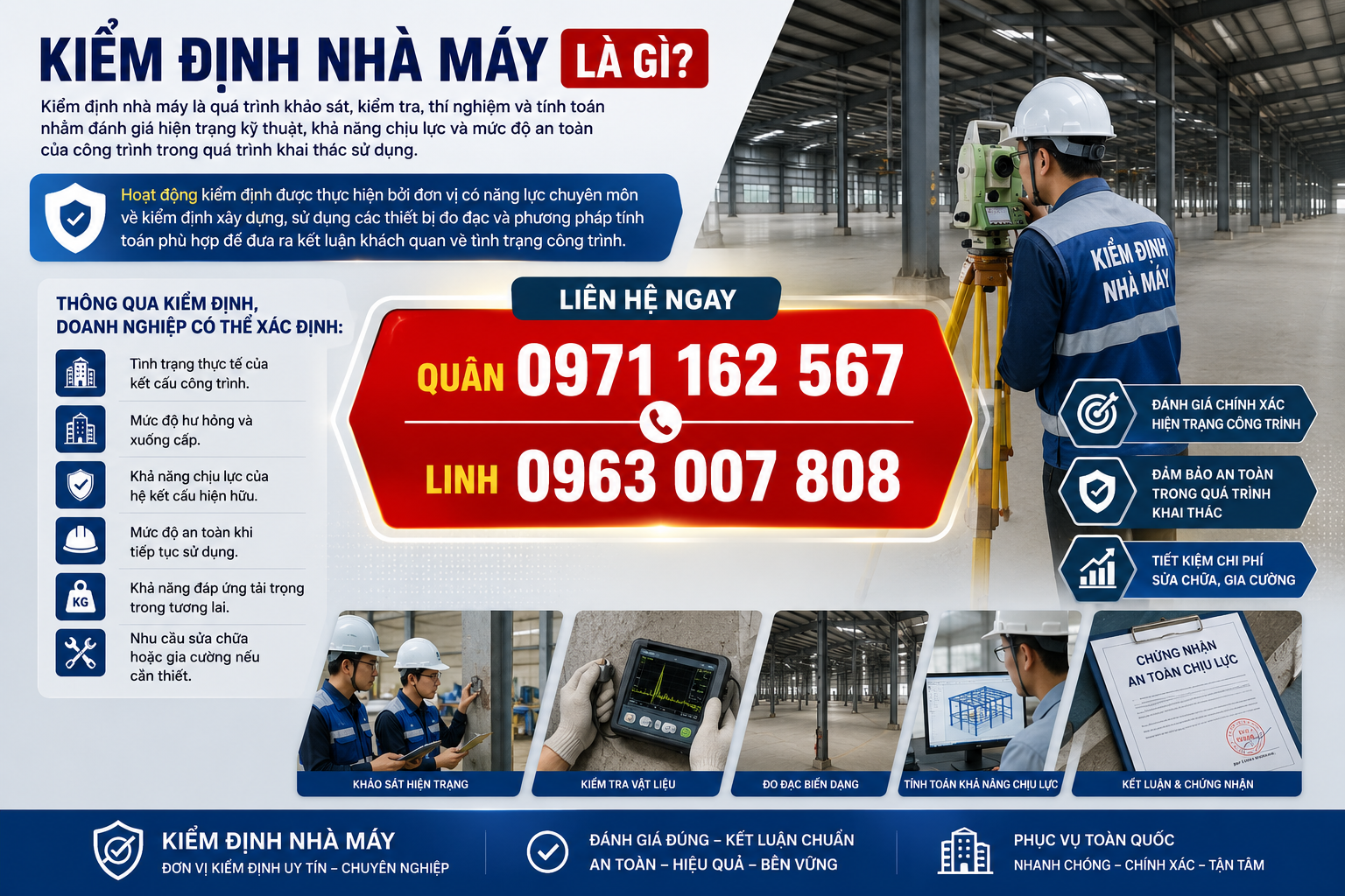 Kiểm định nhà máy là quá trình khảo sát kiểm tra thí nghiệm và tính toán đánh giá an toàn chịu lực công trình công nghiệp