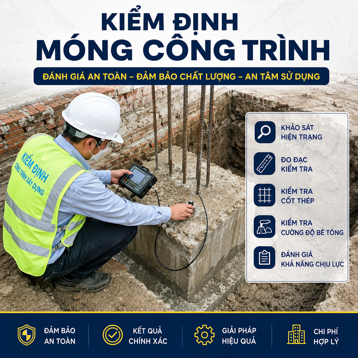 Kỹ sư kiểm định móng công trình bằng thiết bị chuyên dụng, đánh giá hiện trạng nền móng, cốt thép và khả năng chịu lực trước khi nâng tầng hoặc cải tạo.