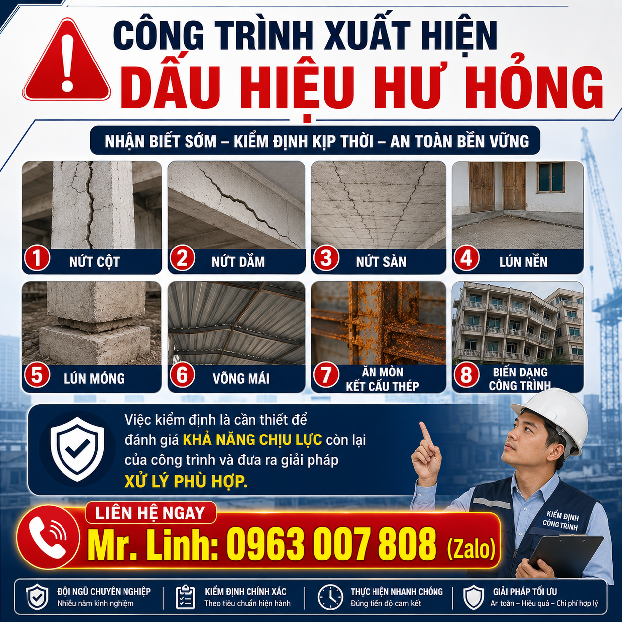 Kiểm định công trình xuất hiện dấu hiệu hư hỏng như nứt cột nứt dầm nứt sàn lún nền lún móng võng mái ăn mòn kết cấu thép biến dạng công trình