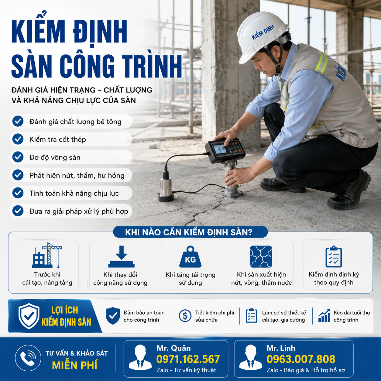 Kỹ sư kiểm định sàn công trình bằng thiết bị chuyên dụng, đánh giá chất lượng bê tông, cốt thép và khả năng chịu lực của kết cấu sàn.