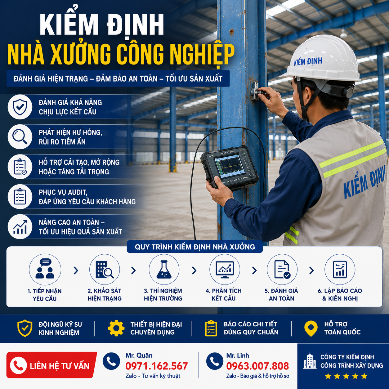 Kỹ sư kiểm định nhà xưởng công nghiệp tại hiện trường, đánh giá kết cấu thép, sàn, cột, dầm và khả năng chịu lực của công trình trước khi cải tạo hoặc phục vụ audit.