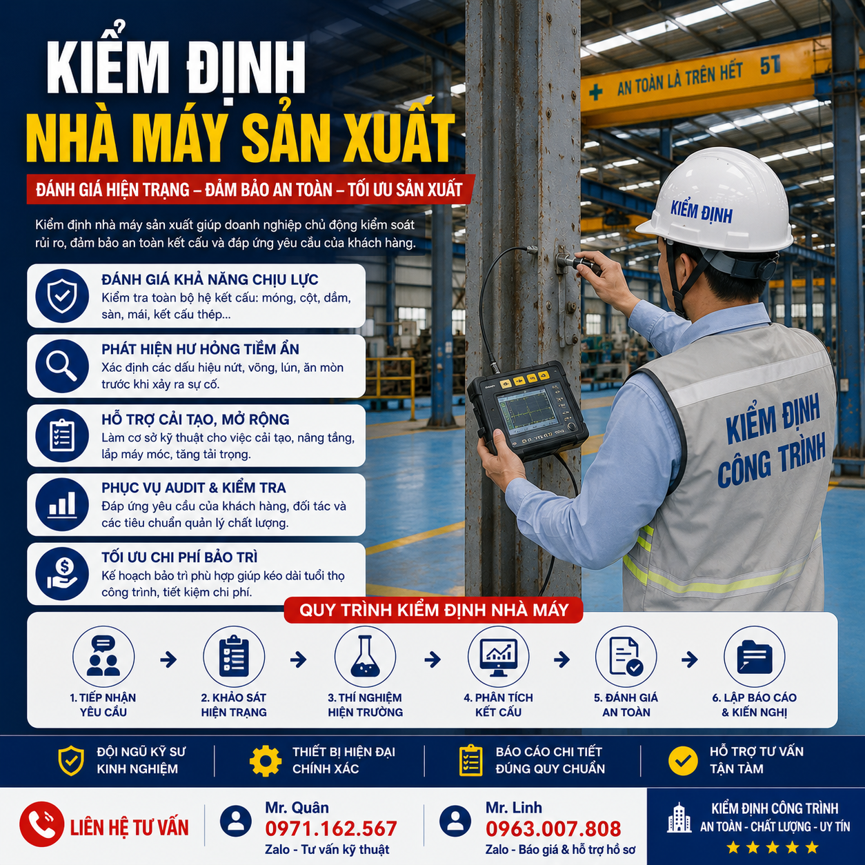 Kỹ sư kiểm định nhà máy sản xuất tại hiện trường, đánh giá kết cấu, khả năng chịu lực và mức độ an toàn của công trình trước khi cải tạo hoặc phục vụ audit.
