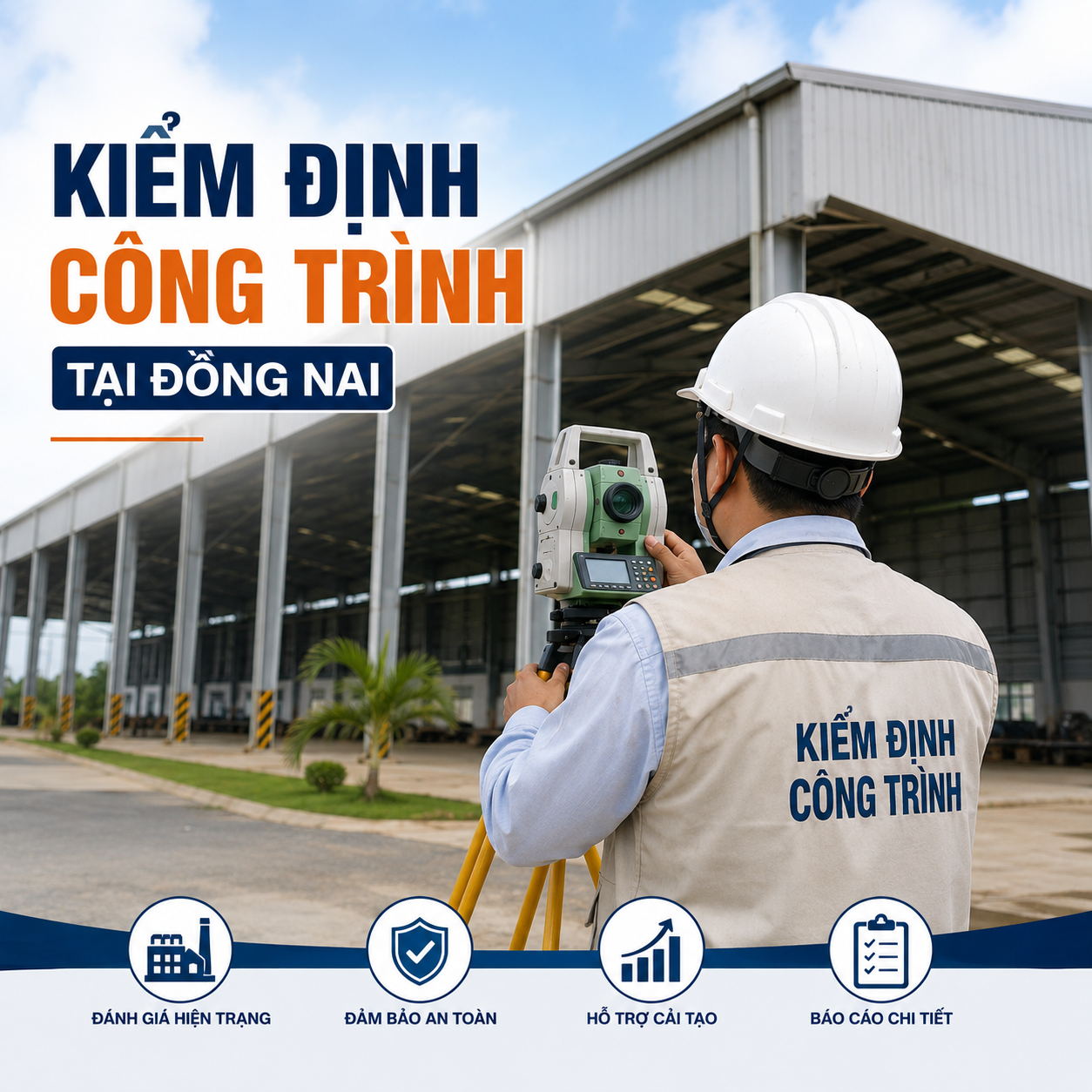 Kỹ sư kiểm định công trình tại Đồng Nai, khảo sát hiện trạng nhà máy, nhà xưởng, kho hàng và đánh giá khả năng chịu lực công trình.