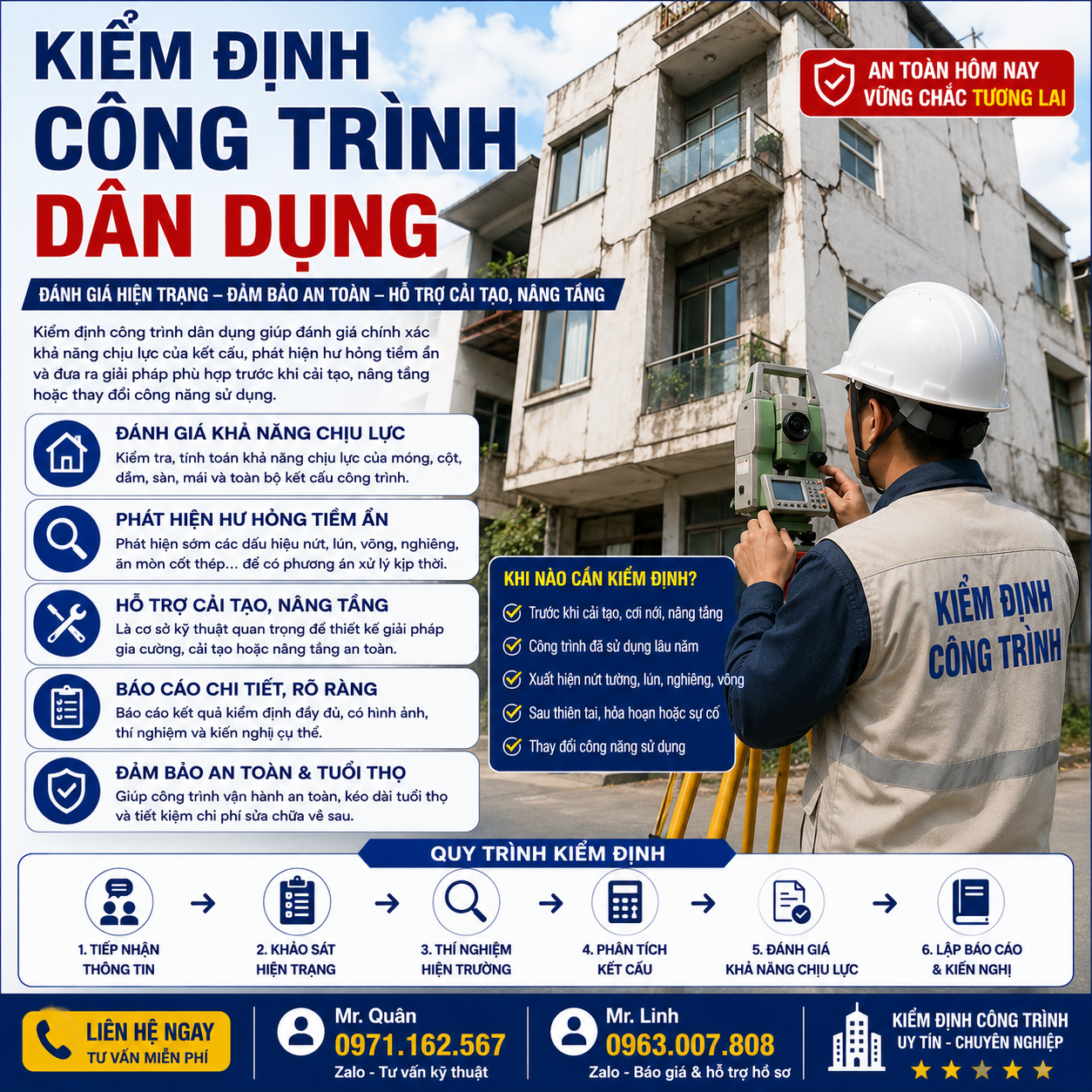 Kỹ sư kiểm định công trình dân dụng tại hiện trường, đánh giá hiện trạng móng, cột, dầm, sàn và khả năng chịu lực trước khi cải tạo hoặc nâng tầng.