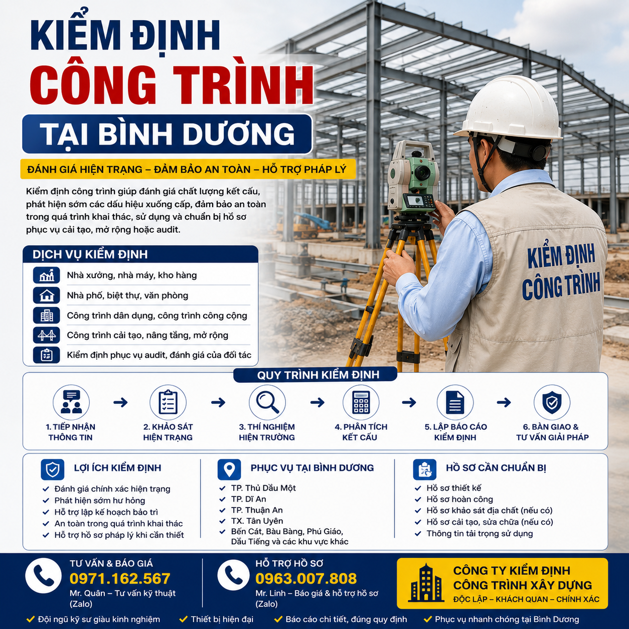 Kỹ sư kiểm định công trình tại Bình Dương, khảo sát hiện trạng nhà xưởng, nhà máy, kho hàng và đánh giá khả năng chịu lực công trình.