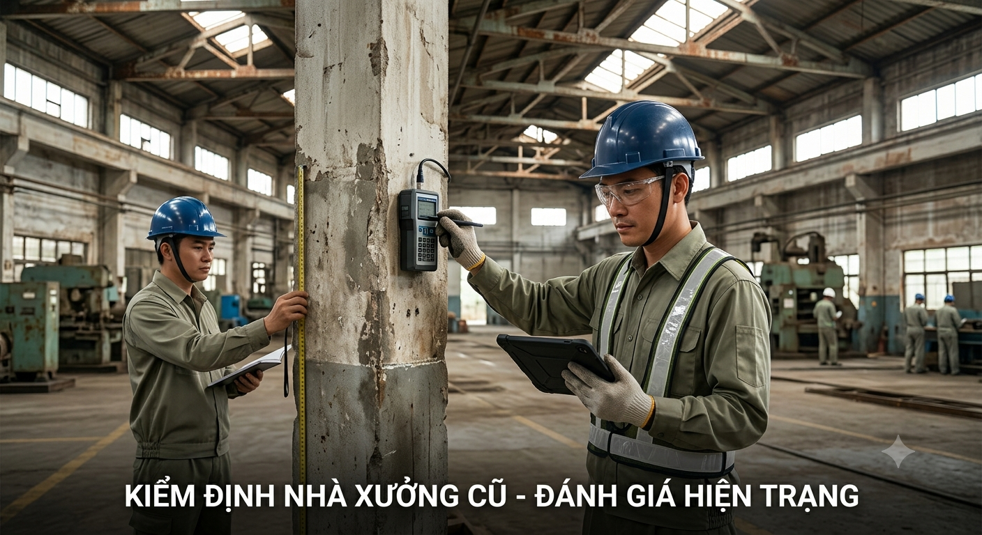 Kỹ sư kiểm định hiện trạng nhà xưởng cũ trước khi cải tạo và tiếp tục sử dụng