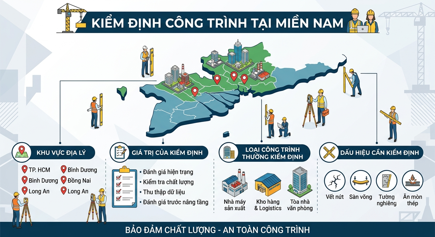 Kiểm định công trình tại miền Nam cho nhà máy, nhà xưởng và công trình xây dựng bởi KIỂM ĐỊNH NHÀ MÁY NGHI HÂN