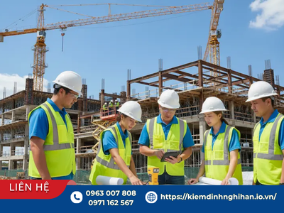 Đội ngũ kỹ sư kiểm định công trình thảo luận bản vẽ tại công trường khi cân nhắc chọn đơn vị kiểm định độc lập hay trực thuộc nhà thầu